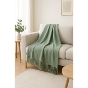 Throw Blanket Teal Blue Knit Soft Woven Tassels Hygge Cozy Home Coastal 48x60